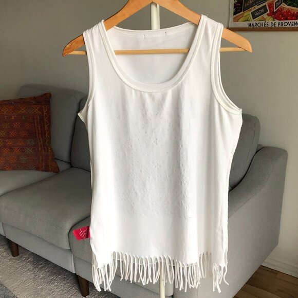San Fransisco White Fringed Tank Top Sheer Scoop Neck Festival Summer Women's M - Picture 16 of 16
